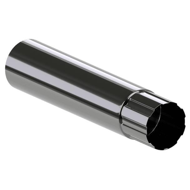 Lietvamzdis 3 m. Lietvamzdis 3 m, 90 mm skersmens: blizgus, cilindro formos metalinis vamzdis su briaunotu šešiakampiu galu, rodomas vienspalviame baltame fone.