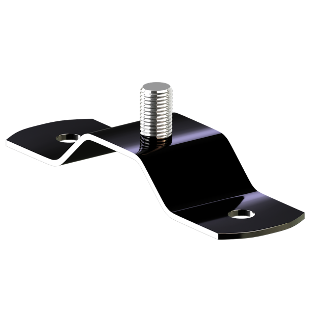 Lietvamzdžio apkabos laikiklis Lietvamzdžio apkabos laikiklis - juodo metalo kronšteinas su centriniu vertikaliu varžtu su sriegiu ir dviem plokščiais galais, kurių kiekviename yra apskrita skylė, pavaizduotas vienspalviame baltame fone.