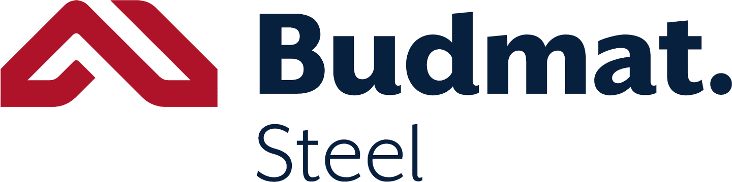 Budmat Steel logotipas. Meniu-lietaus nuvedimo sistemos.