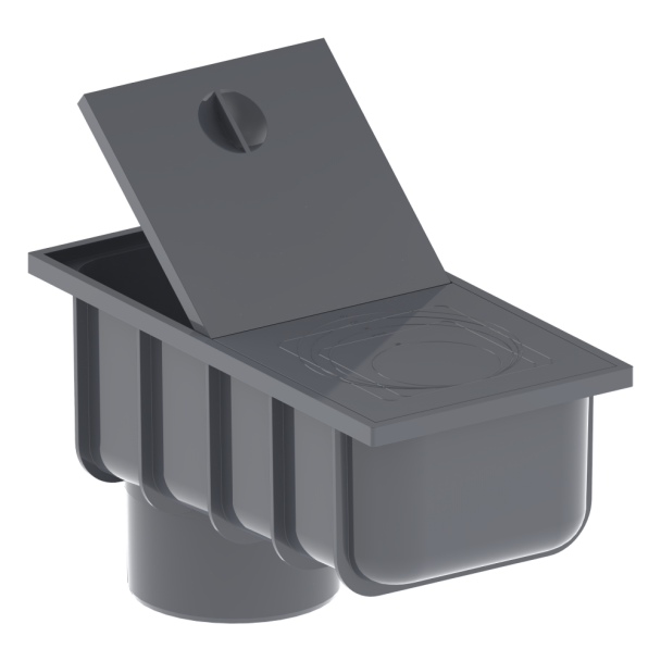 Lietvamzdžio drenažo trapo" - pilkos spalvos stačiakampio formos plastikinės drenažo dėžės su iš dalies atidarytu plokščiu dangčiu ir apvalia apatine šonine anga - 3D vaizdas.