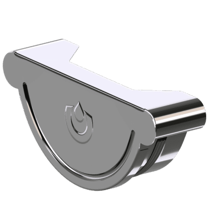 Blizganti, metalinė "Latako aklė universali 125 mm" su pusapvaliu dangteliu ir iškilusiu lašo simboliu centre, lygiais kraštais ir modernia apdaila, parodyta iš šono baltame fone.