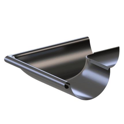 3D formatu atvaizduotas "Latako išorinis kampas 90 laipsnių 125 mm" - metalinis pusapvalis latako kampo elementas su lygia, blizgia apdaila ir vienu galu su dangteliu, rodomas vienspalviame baltame fone.