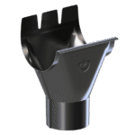 Lietvamzdžio santaka 90 mm" - tai juodo metalo latako išleidimo anga su trimis viršutiniais dantukais ir apvalia apatine anga, skirta vandeniui iš latako nukreipti į lietvamzdį.