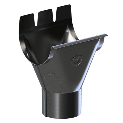 Lietvamzdžio santaka 90 mm" - tai juodo metalo latako išleidimo anga su trimis viršutiniais dantukais ir apvalia apatine anga, skirta vandeniui iš latako nukreipti į lietvamzdį.