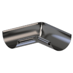 Latako vidinis kampas 90 laipsnių. 125 mm - tai blizgus, metalinis, 90 laipsnių vidinis kampas, skirtas pusapvalių latakų sistemai, turintis lygų paviršių ir du atvirus galus, kad būtų galima lengvai sujungti, pavaizduotas vienspalviame baltame fone.