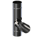 Lietaus gaydyklė 90 mm" - tai metalinis cilindro formos vamzdis su šoniniu liuku ir atverčiamu dangteliu, greičiausiai naudojamas pramoninėse ortakių ar vamzdžių sistemose, vaizduojamas vienspalviame baltame fone.