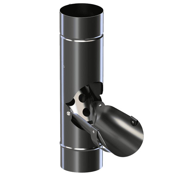 Lietaus gaudyklė Lietaus gaydyklė 90 mm" - tai metalinis cilindro formos vamzdis su šoniniu liuku ir atverčiamu dangteliu, greičiausiai naudojamas pramoninėse ortakių ar vamzdžių sistemose, vaizduojamas vienspalviame baltame fone.