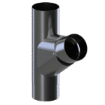 Lietvamzdžio trišakio 90 mm" - juodos spalvos metalinės Y formos vamzdžio jungties su vienu vertikaliu pagrindiniu vamzdžiu ir įstrižine atšaka - 3D atvaizdas vienspalviame šviesiai pilkame fone.