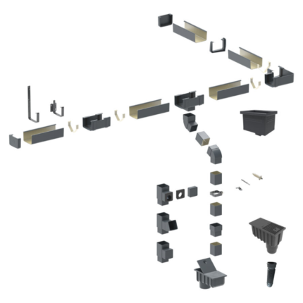 Stačiakampė plieninė lietaus nuvedimo sistema 135/90 mm detalės išdėstytos iš viršaus į apačią.