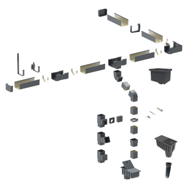 Stačiakampė plieninė lietaus nuvedimo sistema 135/90 mm detalės išdėstytos iš viršaus į apačią.