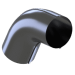 Lietvamzdžio universali alkūnė 90 mm" - blizgaus metalinio alkūnės sąnario, sulenkto 90 laipsnių kampu ir turinčio lygų paviršių, 3D vaizdas vienspalviame baltame fone.