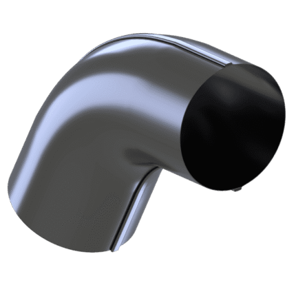 Lietvamzdžio universali alkūnė 90 mm" - blizgaus metalinio alkūnės sąnario, sulenkto 90 laipsnių kampu ir turinčio lygų paviršių, 3D vaizdas vienspalviame baltame fone.