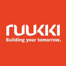 Ruukki logotipas oranžiniame fone su šūkiu "Building your tomorrow.