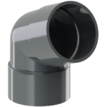 PVC 90 mm L lietvamzdžio alkūnė. Pilkas plastikinis 90 laipsnių kampo vamzdis.