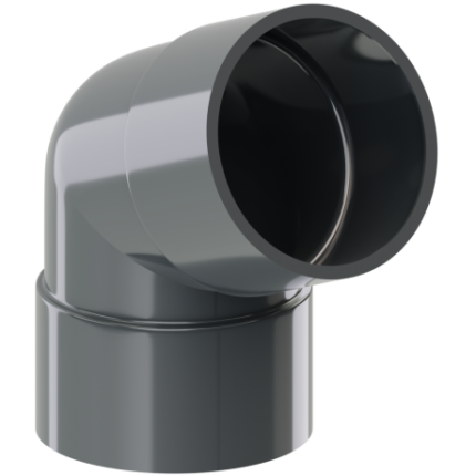PVC 90 mm L lietvamzdžio alkūnė. Pilkas plastikinis 90 laipsnių kampo vamzdis.