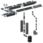Pilnai paslėpta lietaus nuvedimo sistema: latakai, vamzdžiai ir jungtys išdėstyti iš viršaus į apačią.