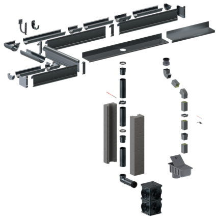 Pilnai paslėpta lietaus nuvedimo sistema: latakai, vamzdžiai ir jungtys išdėstyti iš viršaus į apačią.