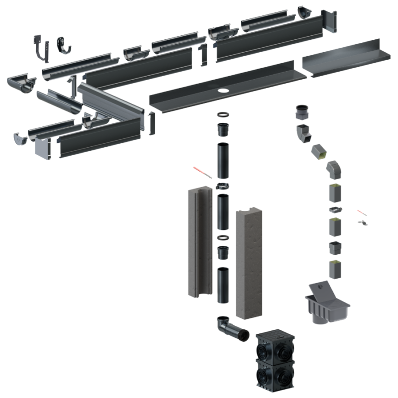 Pilnai paslėpta lietaus nuvedimo sistema: latakai, vamzdžiai ir jungtys išdėstyti iš viršaus į apačią.